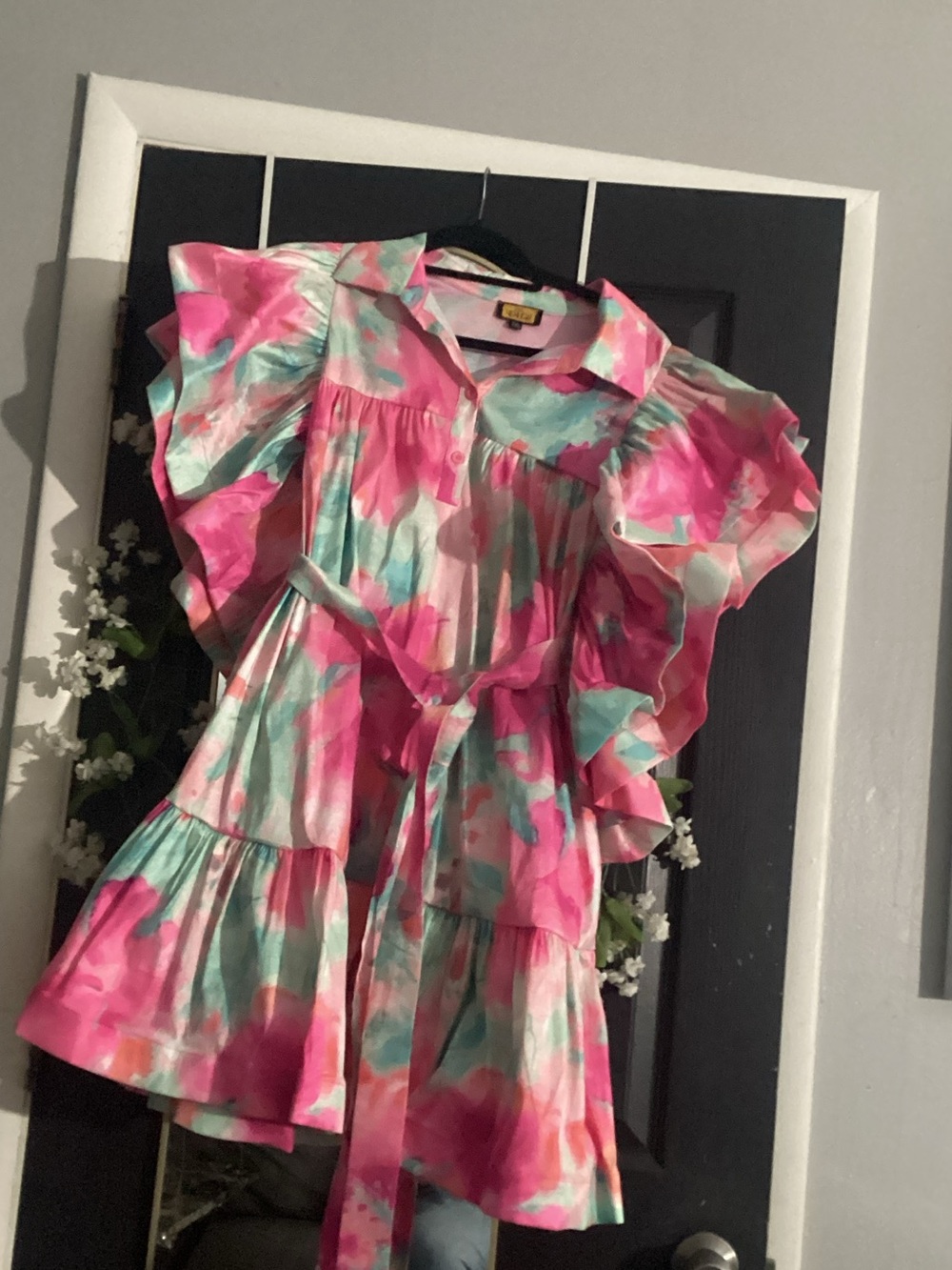 Ruffled Pink & Aqua Floral Mini Dress with Self-Tie Waist